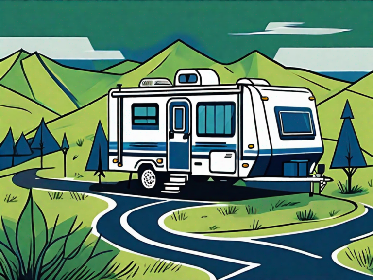 Navigating the Pre-Owned Path: 7 Success Tips for Used RV Dealership Owners 1 A well-kept pre-owned rv on a winding path surrounded by seven signposts representing success tips