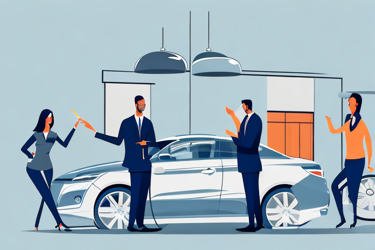 A car dealership with a customer and salesperson discussing a sale