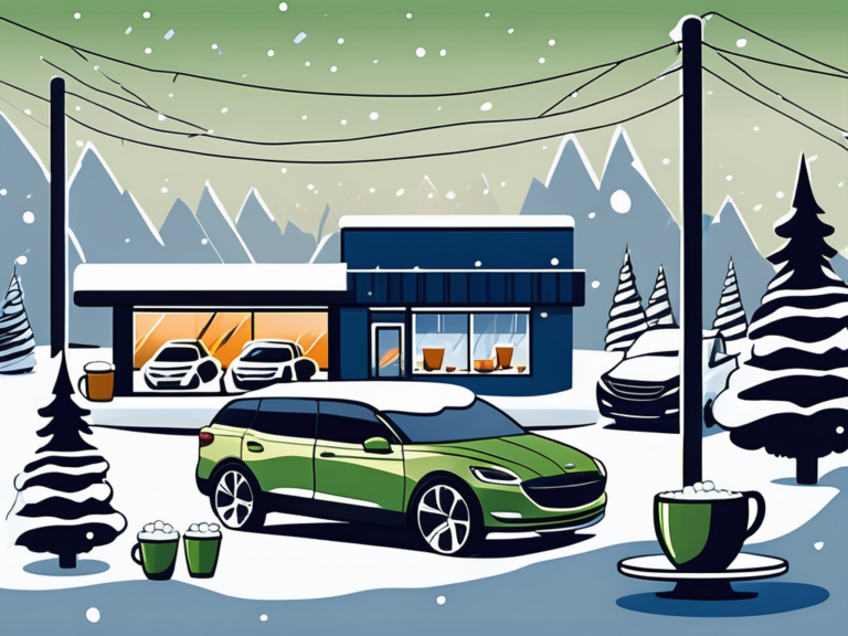 A car dealership lot covered in snow