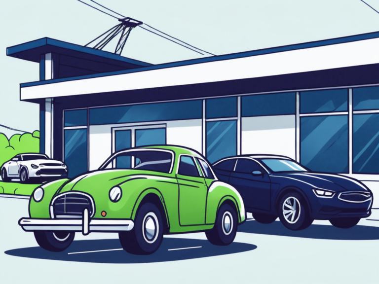 How to Stop Online Car Retailers From Putting Your Dealership Out of Business 12 A traditional car dealership building on one side and a digital tablet displaying a car on the other