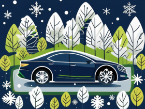 A car dealership with different types of cars and seasonal elements (like snowflakes