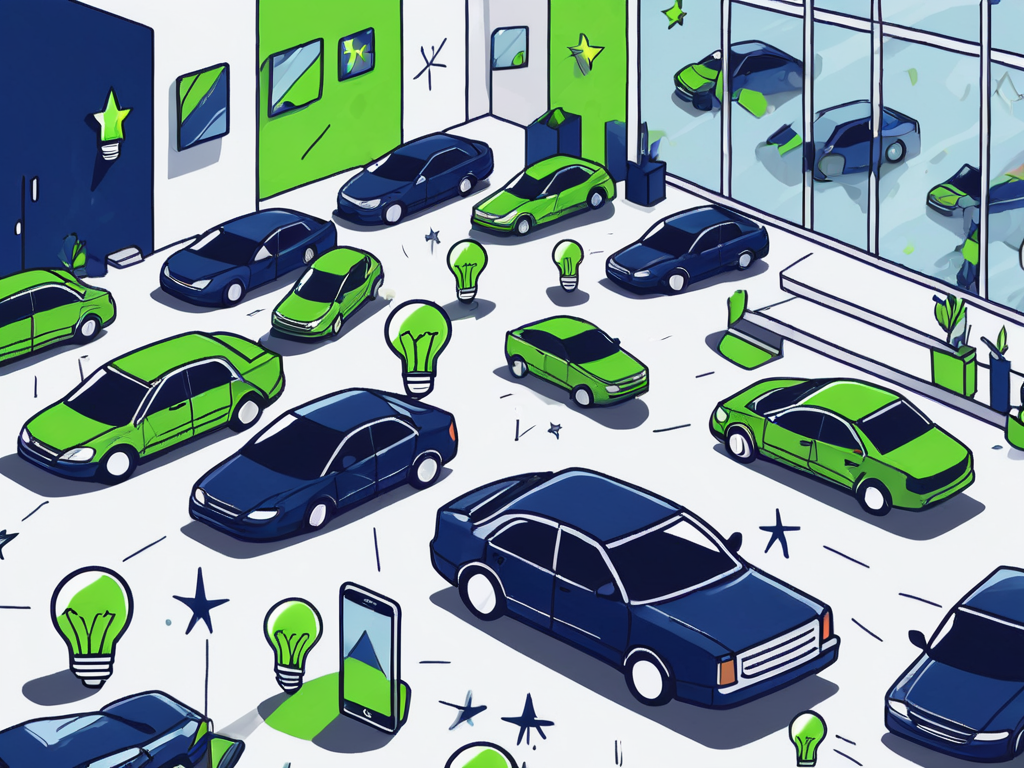 A used car showroom with phones scattered around