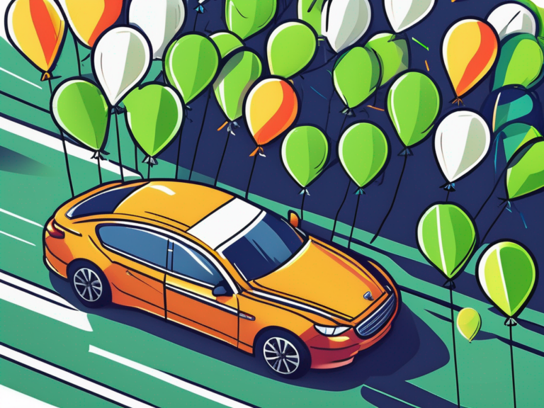 A car dealership lot with colorful flags and balloons