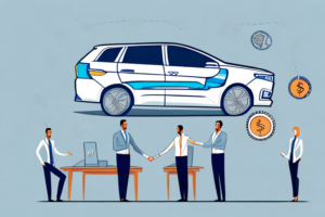 A car dealership with a customer and a salesperson