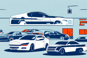 A car dealership with a variety of cars in the foreground and a customer service desk in the background
