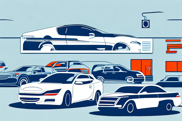 A car dealership with a variety of cars in the foreground and a customer service desk in the background