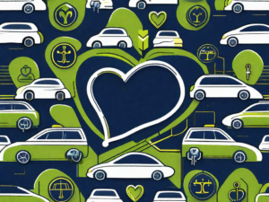 A car dealership with various symbolic elements like a heart