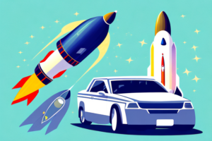 A car dealership with a rocket taking off in the background