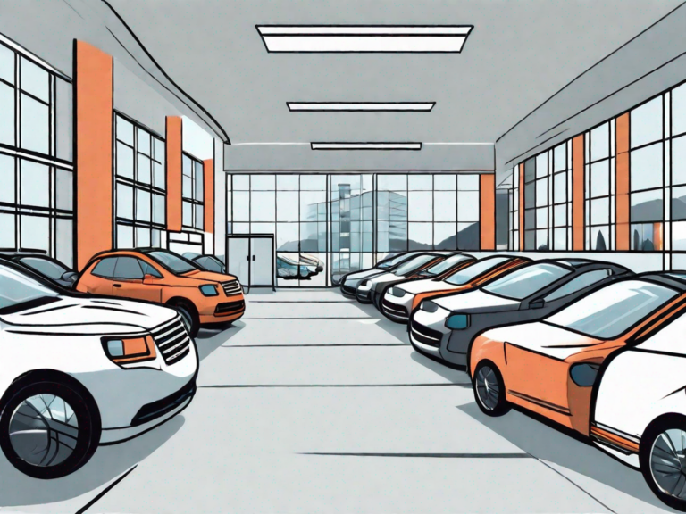 A small car dealership lot with various types of cars neatly arranged