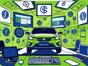 A car dealership with various financial symbols like currency signs and calculators floating around