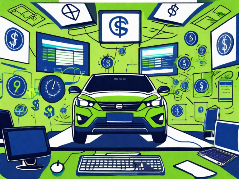 A car dealership with various financial symbols like currency signs and calculators floating around