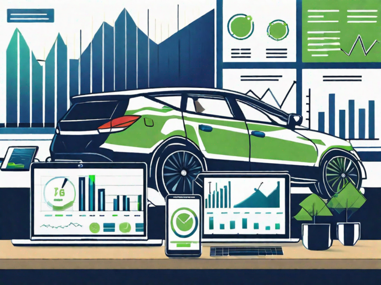 A car dealership with various digital devices like computers and smartphones