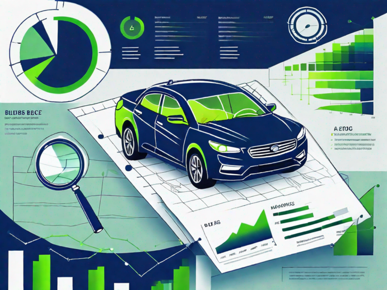 A magnifying glass hovering over a car dealership with various analytical graphs and charts floating around it