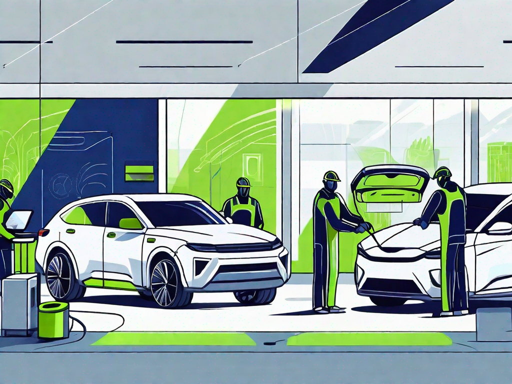 Streamlining Processes: Automation in Car Dealerships 1 A modern car dealership with various automated machines and robots performing tasks such as car maintenance