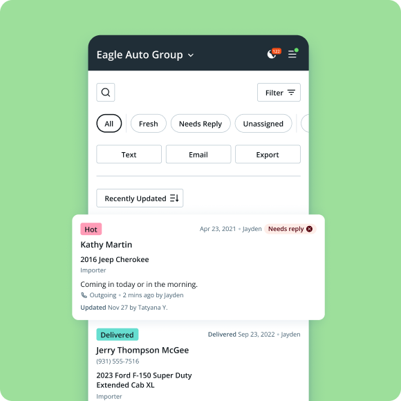 Feature: Auto Dealer CRM Features (Latest Version) 1 mobile upsheet list green